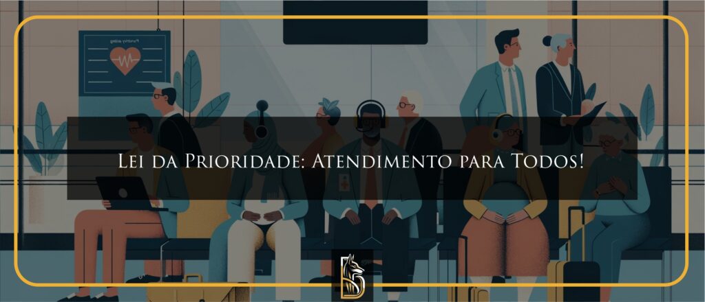 Várias pessoas sentadas em uma sala de espera pública com assentos prioritários claramente marcados, incluindo um idoso, uma gestante, uma pessoa com fones de ouvido para autismo e um doador de sangue recente, demonstrando a aplicação da lei de atendimento prioritário.